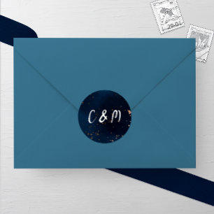 Navy en Bronzen Waterverf Bruiloft Ronde Sticker