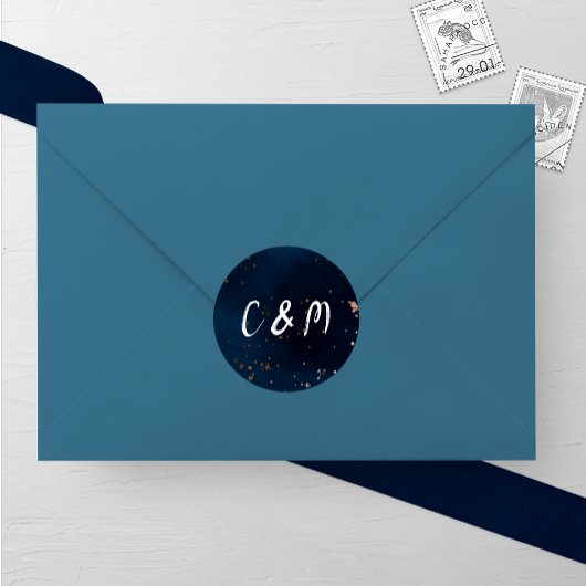 Navy en Bronzen Waterverf Bruiloft Ronde Sticker