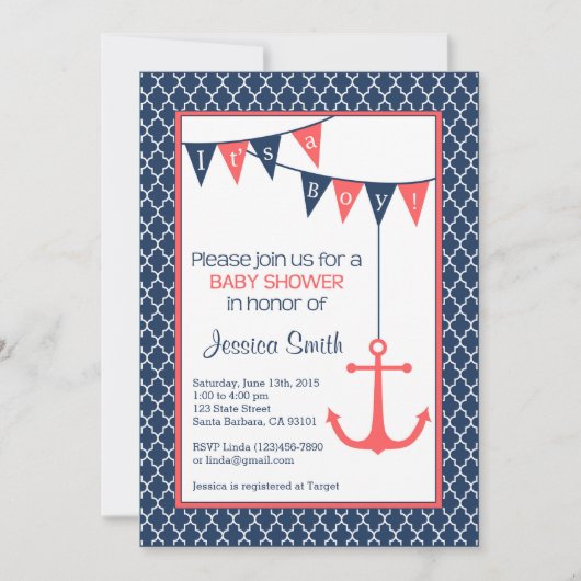 Navy en Coral Baby shower Invitation Nautical Kaart (Voorkant)