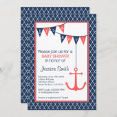 Navy en Coral Baby shower Invitation Nautical Kaart (Voorkant / Achterkant)