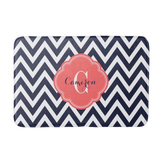 Navy en Coral Chevron Monogram Badmat (Voorkant)