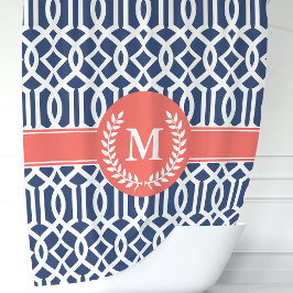 Navy en Coral Marokkaanse Trellis Monogram Douchegordijn