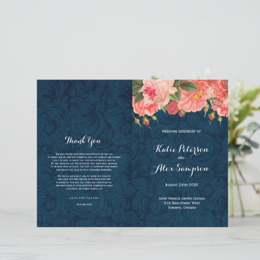 Navy en Coral Shabby Chic Floral Wedding Programs (Staand voorkant)