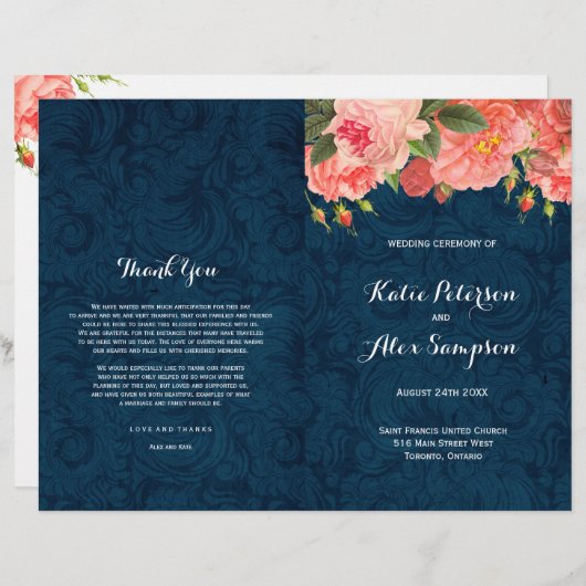 Navy en Coral Shabby Chic Floral Wedding Programs (Voorkant / Achterkant)