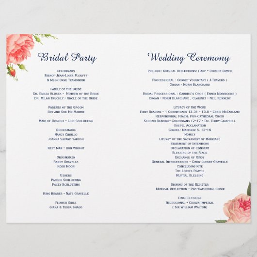 Navy en Coral Shabby Chic Floral Wedding Programs (Achterkant)