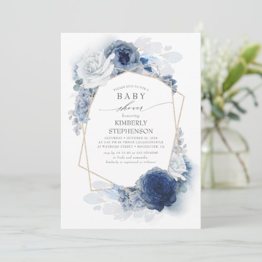 Navy en Dusty Blue Floral Modern Baby shower Kaart (Staand voorkant)