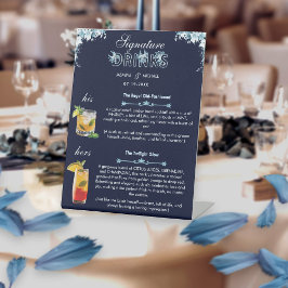 Navy en Dusty Light Blue Wedding Signature Drinken Reclamebord Met Voetstuk