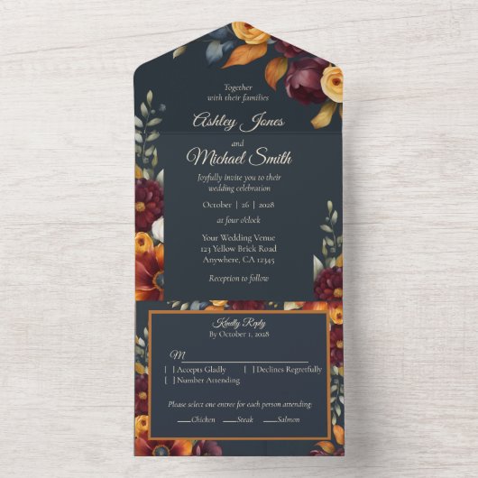 Navy en Gele Herfst Wildflower All In One Uitnodiging (Binnen)