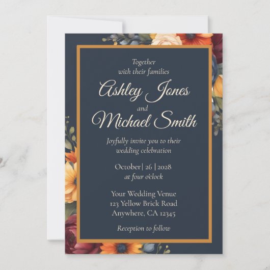 Navy en Gele Herfst Wildflower Bruiloft Kaart (Voorkant)