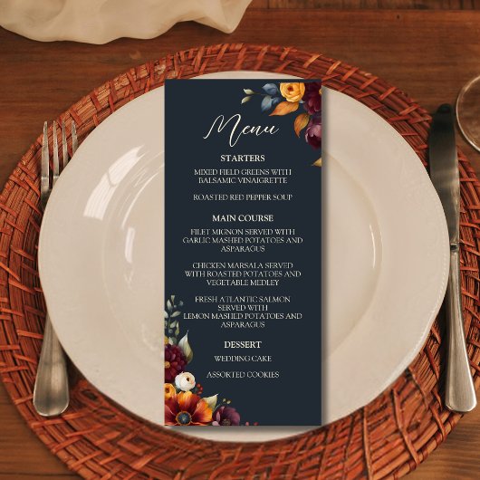 Navy en Gele Herfst Wildflower Bruiloft Menu
