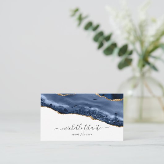 Navy en Gold Agate Visitekaartje (Staand voorkant)