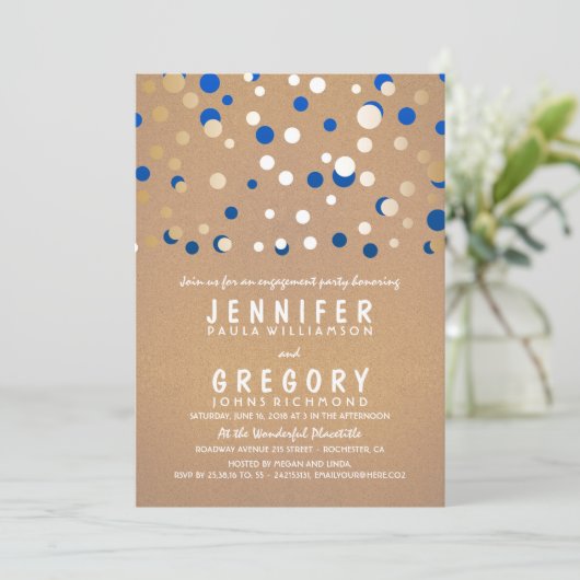 Navy en Gold Confetti Elegant Engagement Party Kaart (Staand voorkant)