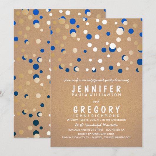 Navy en Gold Confetti Elegant Engagement Party Kaart (Voorkant / Achterkant)
