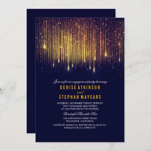 Navy en Gold Engagement Party String Lights Kaart (Voorkant / Achterkant)