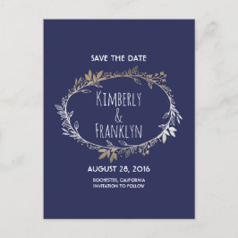 Navy en Gold Floral krans Save the Date Aankondigingskaart