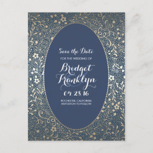 Navy en Gold Floral  Save the Date Aankondigingskaart