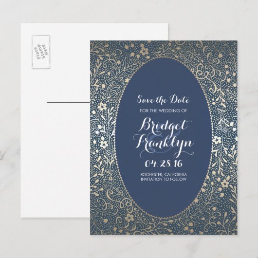 Navy en Gold Floral  Save the Date Aankondigingskaart (Voorkant / Achterkant)