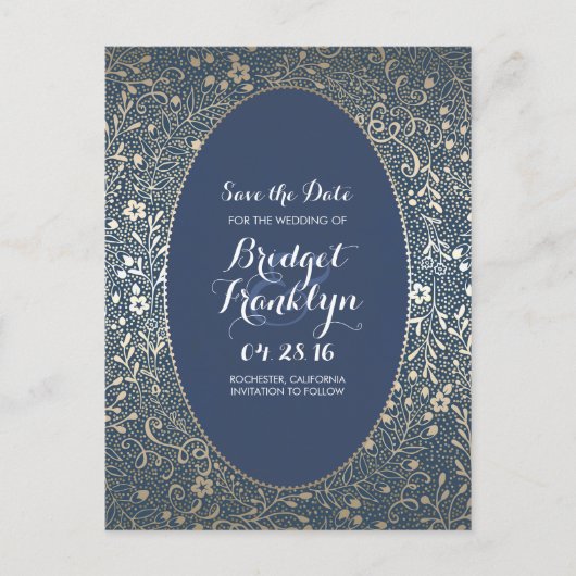 Navy en Gold Floral  Save the Date Aankondigingskaart (Voorkant)