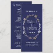 Navy en Gold Floral Wreath Trouwprogramma's Programmakaart (Voorkant / Achterkant)