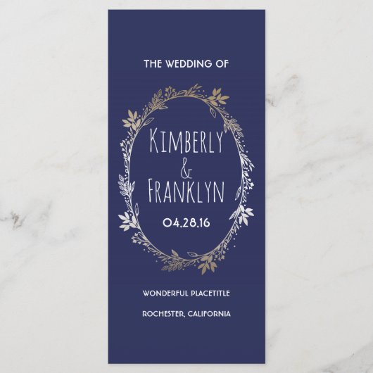 Navy en Gold Floral Wreath Trouwprogramma's Programmakaart (Voorkant)