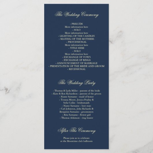 Navy en Gold Glitter Confetti Trouwprogramma's Programmakaart (Achterkant)