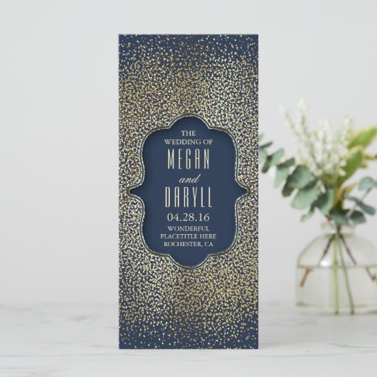 Navy en Gold Glitter Confetti Trouwprogramma's Programmakaart (Staand voorkant)