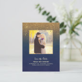 Navy en Gold Glitter Foto Opslaan van de Datum Aankondigingskaart (Staand voorkant)