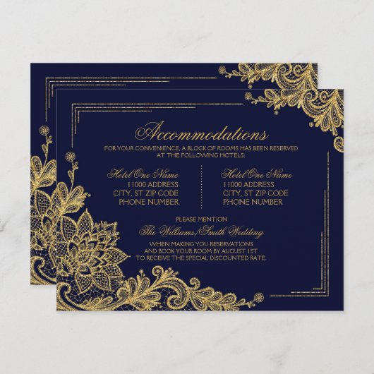 Navy en Gold Lace Accommodaties Details Kaart (Voorkant / Achterkant)