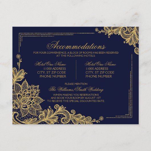Navy en Gold Lace Accommodaties Details Kaart (Voorkant)
