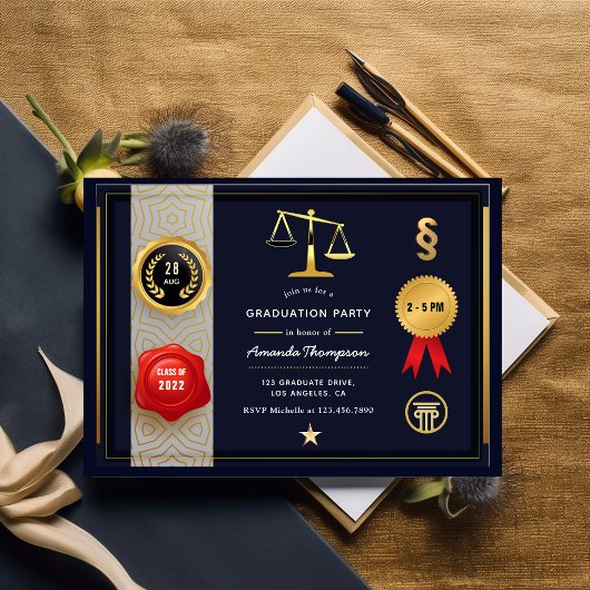 Navy en Gold Law Afstudeerfeest uitnodiging