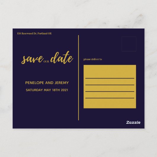 Navy en Gold Modern Script slaan de datum op Briefkaart (Achterkant)