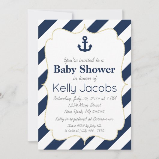 Navy en Gold Nautical Baby shower Invitation Kaart (Voorkant)