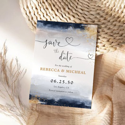Navy en Gold Save The Date Kaart