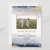 Navy en Gold Save The Date met fotokaart (Voorkant)