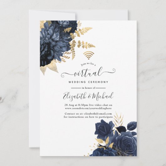 Navy en Gold  Shabby Rozen Virtual Wedding Kaart (Voorkant)