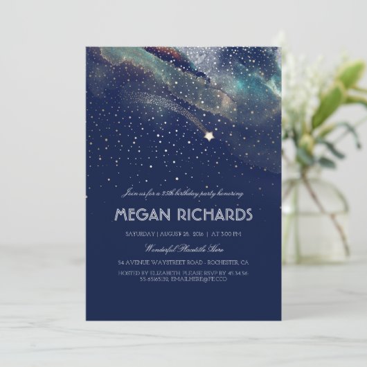 Navy en Gold Shooting Star Starry Verjaardagsfeest Kaart (Staand voorkant)