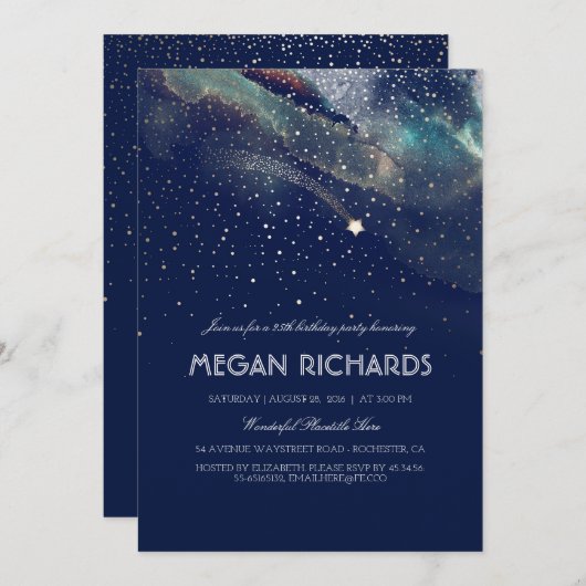 Navy en Gold Shooting Star Starry Verjaardagsfeest Kaart (Voorkant / Achterkant)