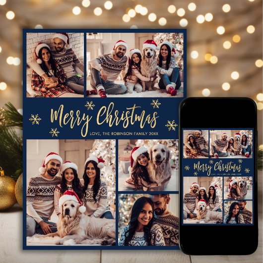 Navy en Gold Snowflake 5 Fotocollage Kerstmis Feestdagenkaart