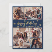 Navy en Gold Snowflake 5 Fotocollage Kerstmis Feestdagenkaart (Voorkant)