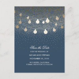 Navy en Gold String Lights slaan de datum op Aankondigingskaart