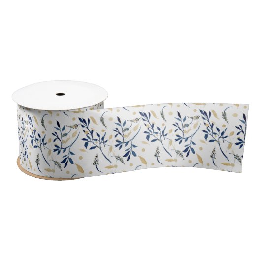 Navy en Gold Waterverf Floral Satijnen Lint (Spoel)