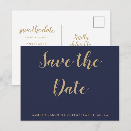 Navy en Gold Wedding Save the Date Aankondigingskaart (Voorkant / Achterkant)