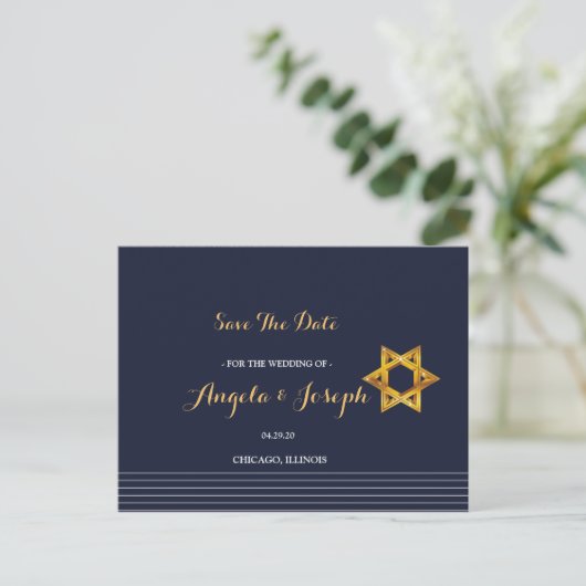 Navy en Golden Star of David Save the Date Briefkaart (Staand voorkant)