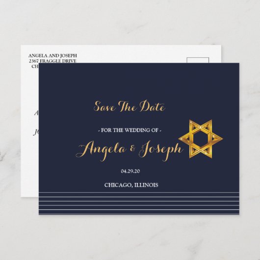 Navy en Golden Star of David Save the Date Briefkaart (Voorkant / Achterkant)