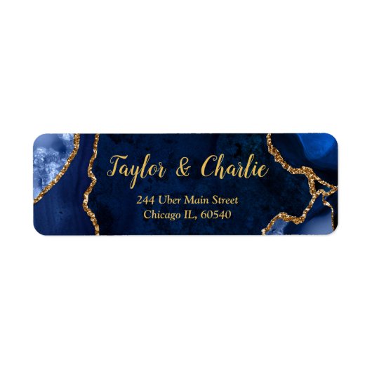 Navy en Goud Agate Marmer Bruiloft Etiket (Voorkant)