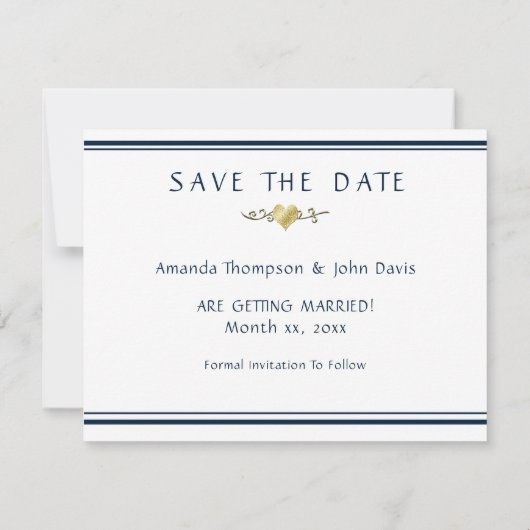 Navy en Goud Elegant Bruiloft Aankondiging (Achterkant)