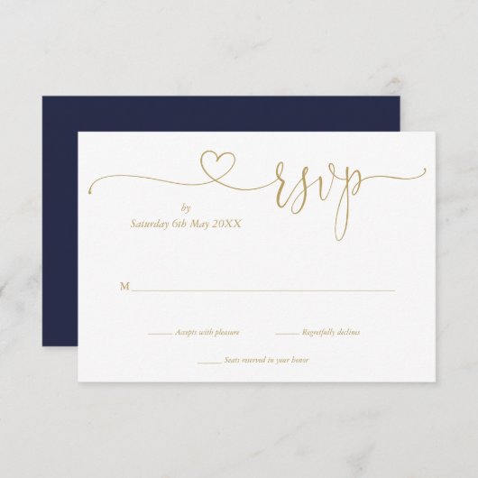 Navy En Goud Elegante Script Hart RSVP Kaart (Voorkant / Achterkant)