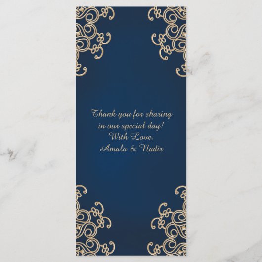 Navy en Goud Indiase stijl Bruiloft Menu Kaart (Achterkant)