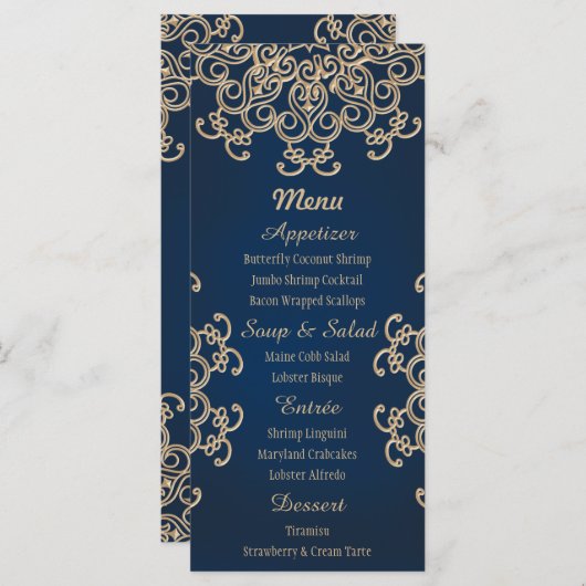 Navy en Goud Indiase stijl Bruiloft Menu Kaart (Voorkant / Achterkant)