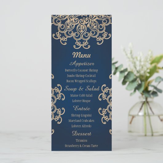 Navy en Goud Indiase stijl Bruiloft Menu Kaart (Staand voorkant)